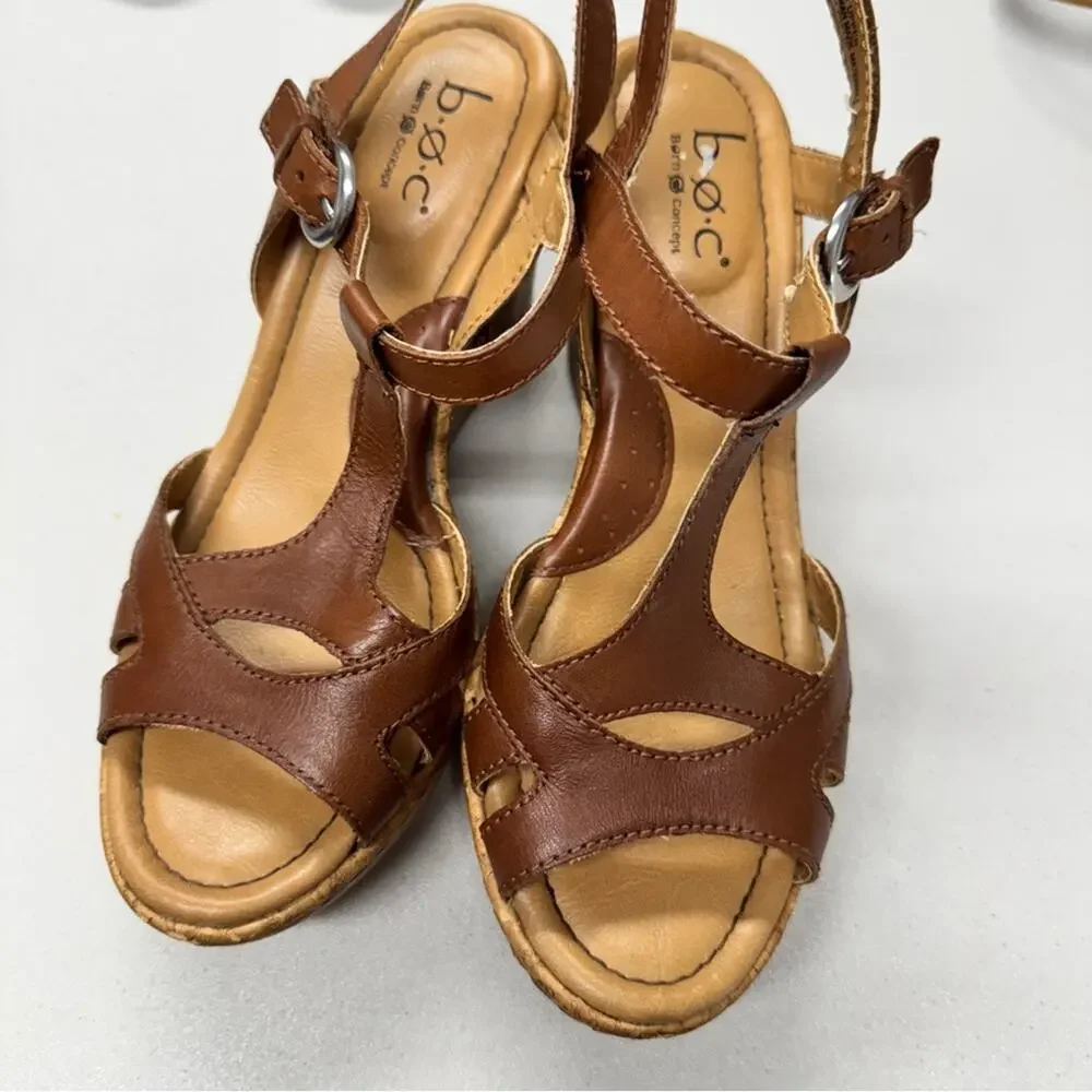 B.O.C. Brown Leather Strappy Cork Wedge Sandals Womens 6 Beachy Strappy Heels